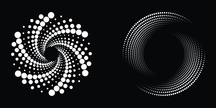 Halftone dots in circle form. Half tones design element. Round dotted frame, circles pattern border and abstract halftone graphic design vector set. Vector illustration.