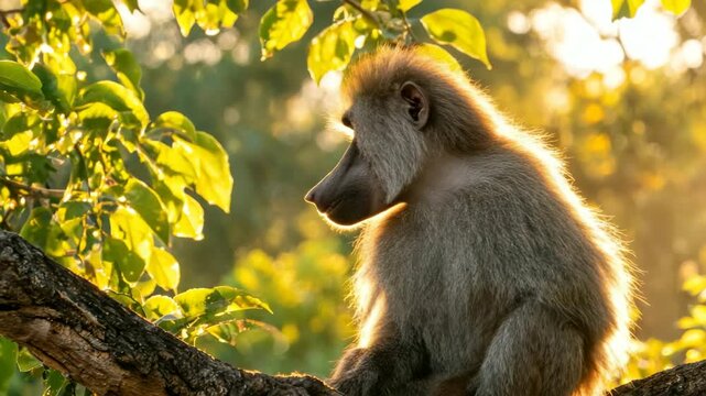 baboon on tree branch close up in serengeti tanzania golden light wildlife video