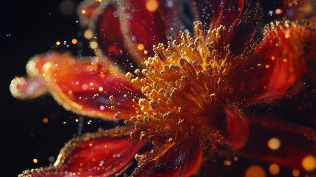 Close-up of vibrant, glowing red flower with intricate details against dark background. Sparkling pollen visible