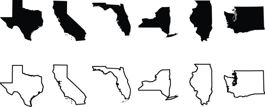 United States map outline and solid silhouette vector icon set featuring Texas California Florida New York Illinois and Washington states