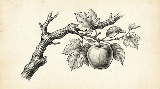 Exquisitely detailed pencil drawing of a single ripe apple hanging from a rustic tree branch adorned with textured leaves, showcasing a timeless botanical study