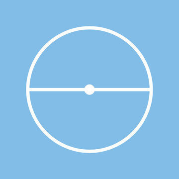 A white circle with a diameter line on a blue background