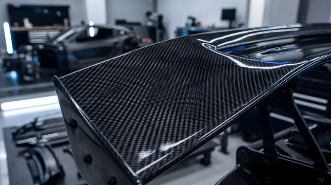 Close-up of a carbon fiber rear wing spoiler mounted on a high-performance sports car in a professional garage, highlighting aerodynamic design, glossy weave texture and custom tuning.
