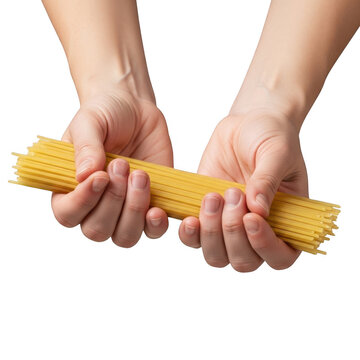 Hands holding a bunch of dry spaghetti pasta noodles as transparent object