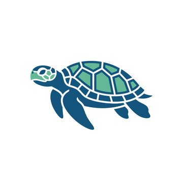 Stylized sea turtle illustration in blue and green colors isolated on white background.