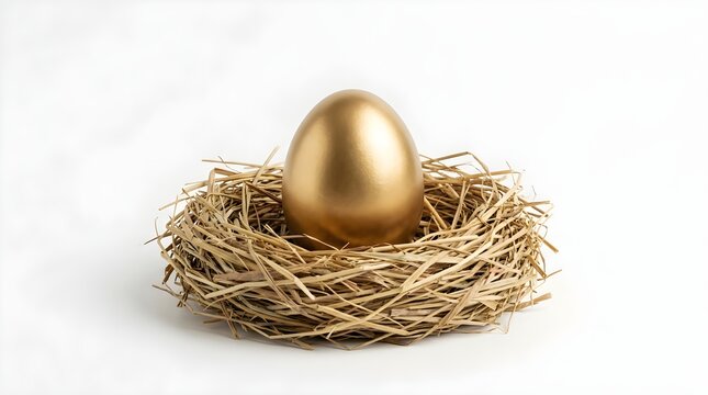 Golden egg in bird nest on white background, wealth and retirement savings concept, financial security symbol with metallic gold egg in straw nest