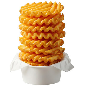 Stack of crispy waffle fries in white paper cup as isolated object