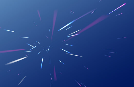 青い宇宙空間の中心へ吸い込まれるように伸びる光線が超高速移動とワープ航行を表現する未来的スピード背景素材