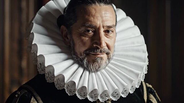 Nobleman wearing large white ruff collar and velvet doublet in Elizabethan era style portrait