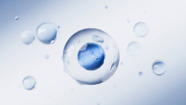 Transparent Cell Sphere with Blue Nucleus Floating Among Water Droplets on Light Blue Background, 3d rendering