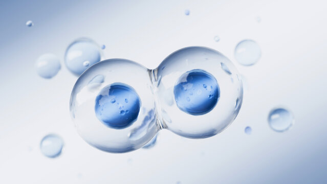 Close-up of Dividing Cells with Blue Nuclei and Water Droplets on Light Blue Background, 3d rendering