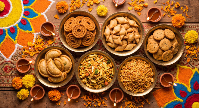 Traditional Diwali snack spread with chakli, namak pare, mathri and sev in brass bowls with diya lamps and rangoli, top view