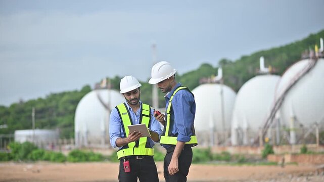 Engineers wearing safety gear, including hard hats examining survey a large blueprint tablet standing industrial facility gas or oil refinery engaged in a job requires high safety standards concept.	