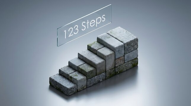 A conceptual 3d illustration featuring stone blocks arranged as a staircase with an overhead 123 steps sign, symbolizing progress and comida mexicana.
