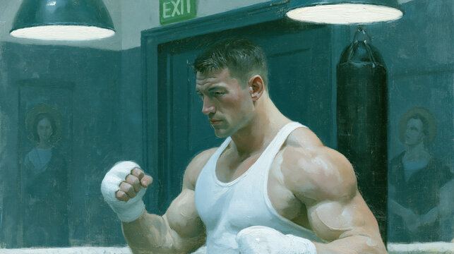 Disciplined bodybuilder in guard stance under dramatic overhead lighting in sparse gym