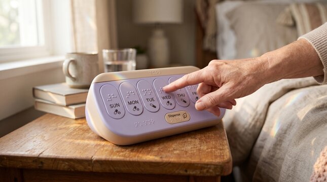 Elderly woman's hand pressing a button on a modern smart sleep device, a tranquil bedroom scene. Innovative technology for improved sleep and relaxation, promoting wellness and healthy living.