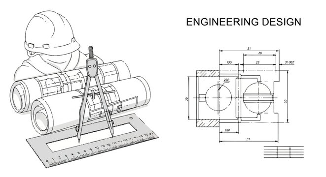 Engineering design blueprint with worker examining technical drawing and measurements.
