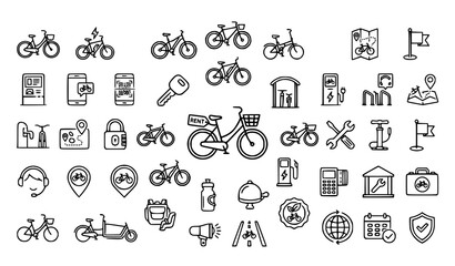 Fototapeta premium Bicycle Rental Line Icon Collection with Bike Sharing Cycling Route and Mobility Symbols