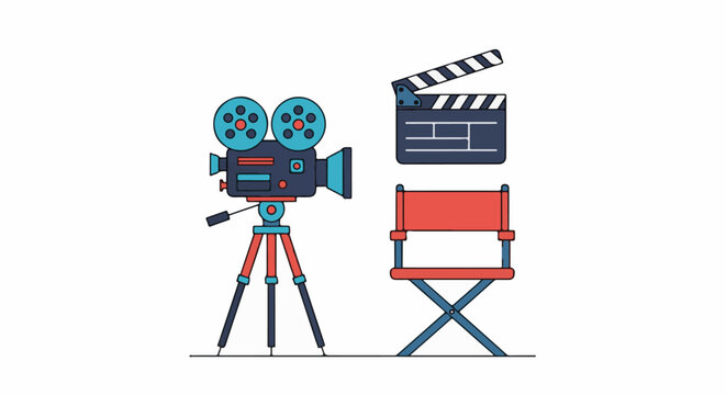 A colorful film camera on a tripod with clapper board and director chair