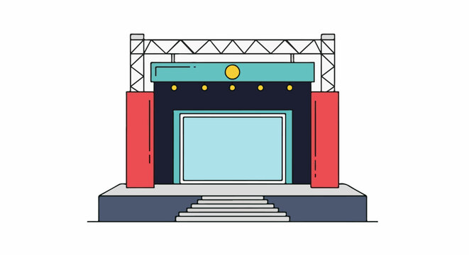 A colorful, flat illustration of an outdoor stage with a screen, lights, and stairs