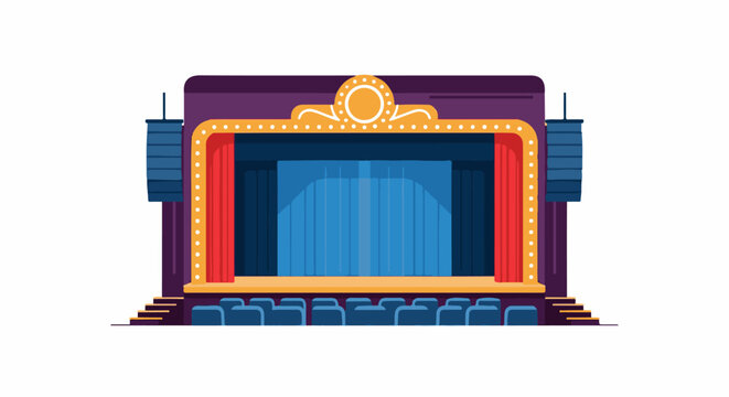 A colorful cartoon theater with blue seats and stage