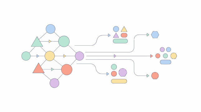 A colorful flowchart with various shapes and arrows on a white background