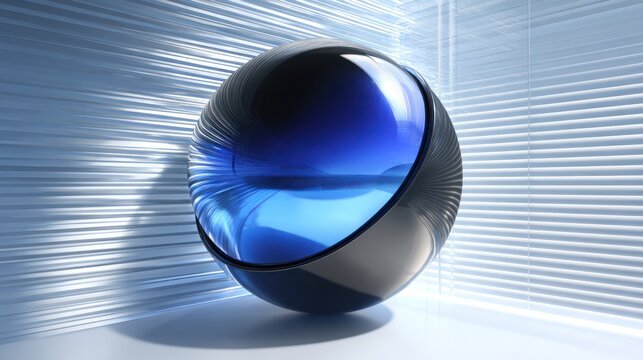 Futuristic metallic orb featuring a glowing blue concave center rests in a modern, illuminated space.