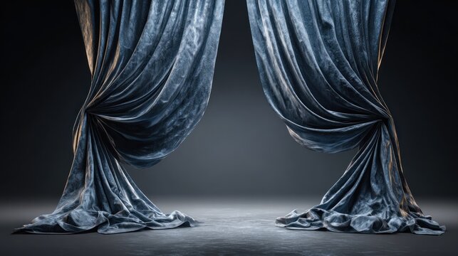 Heavy blue velvet stage drapery is pulled back to reveal an empty space