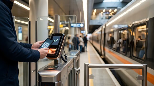 Passenger using smartphone for qr code ticket validation at train station