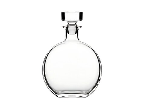 A clear glass decanter with a stopper on a white background