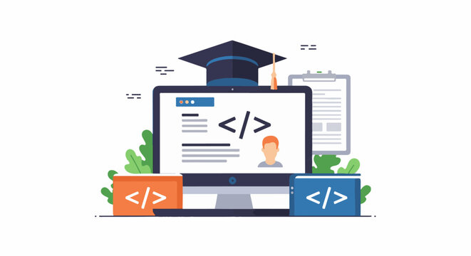 A colorful illustration of a computer monitor with code on the screen wearing a graduation cap
