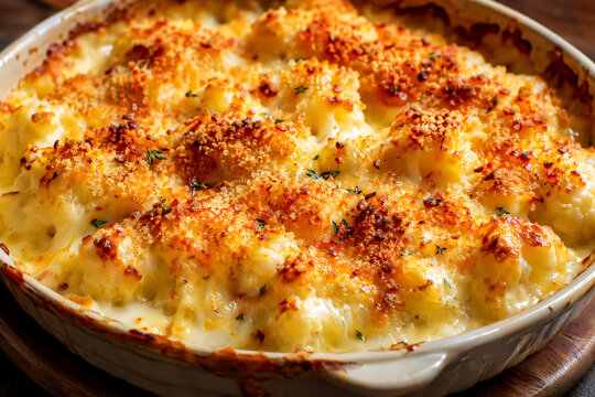 Creamy macaroni and cheese with breadcrumb topping in white dish, classic comfort food