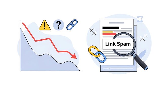 A graph shows a downward trend with warning signs and a magnifying glass inspecting a link labeled spam.