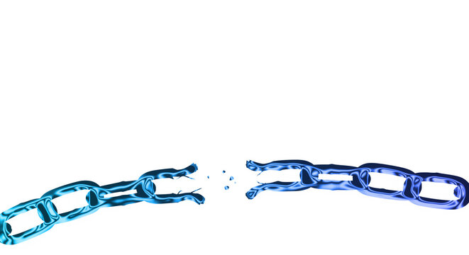 Broken blue chain links fracture and shatter on transparent background