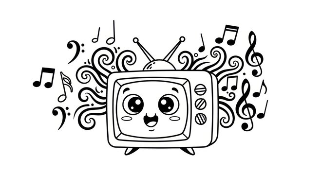 Cute cartoon TV with animated musical notes and swirls