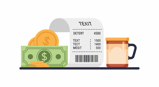 A colorful illustration of a receipt with a mug, coins, and bills on a table