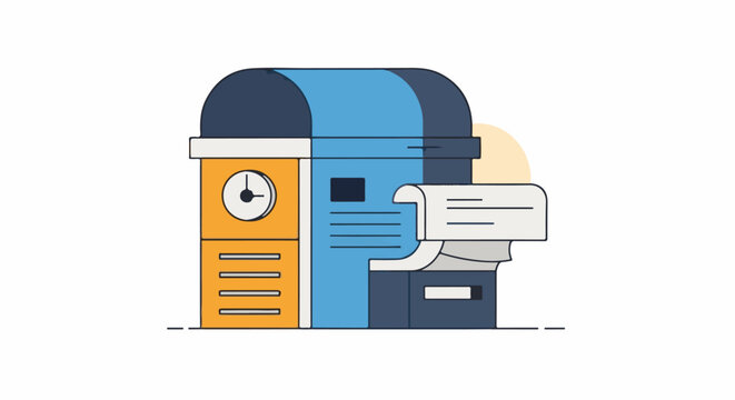A colorful illustration of a mailbox with a clock on the side