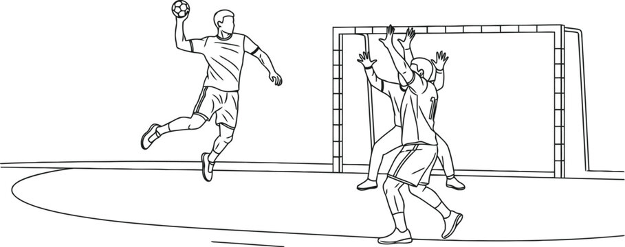 Handball player throwing ball at goal line sketch