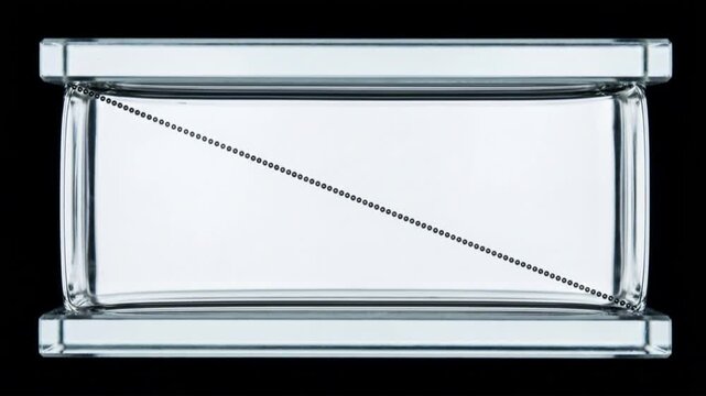 光学ガラス間の高粘度流体マーカーが垂直から斜めの速度勾配へと変化する物理シミュレーションCG
