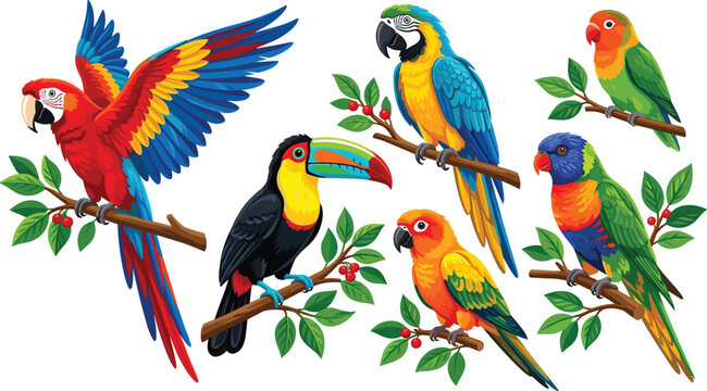 Vibrant Tropical Birds Vector Collection Featuring Macaws Toucan Conure Lovebird and Rainbow Lorikeet Perched on Green Tree Branches for Exotic Wildlife Designs