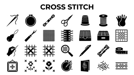 Collection of cross stitch craft supplies and tools for needlework hobbies and handmade embroidery projects © Iconique Studio
