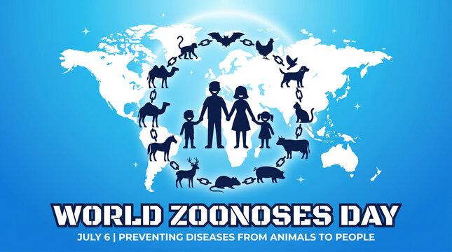 World zoonoses day poster with a family surrounded by a chain of various animals on a world map background