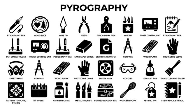 Pyrography Tools and Supplies Collection Icons Set for Wood Burning Art Craft and Design Projects