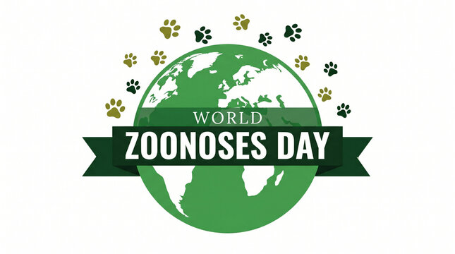 World zoonoses day banner with globe and animal paw prints isolated on white background