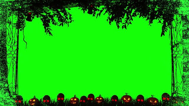 Pumpkins arranged in a row create a spooky border for a Halloween themed digital composition.