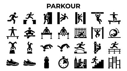 Parkour extreme sports activity icons set showing athletes performing dynamic jumps flips and obstacle course movements with urban city buildings stopwatch and running shoes © Iconique Studio