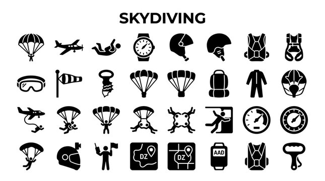Skydiving equipment and symbols collection illustration for extreme sports and adventure travel concepts