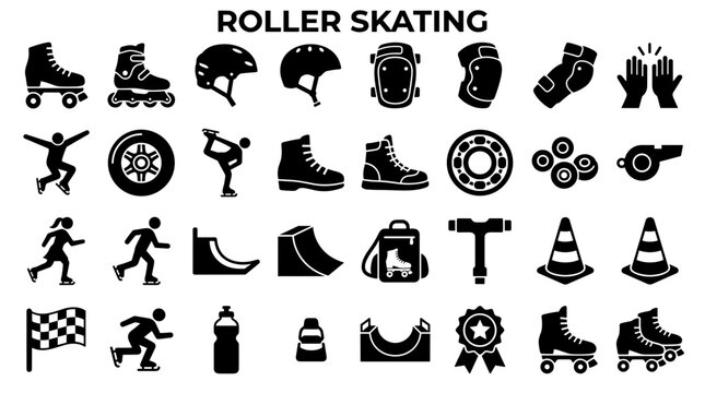 Collection of roller skating icons and symbols representing various aspects of roller sports and activities on a white background