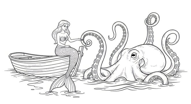 Mermaid sitting in boat with giant squid in calm water