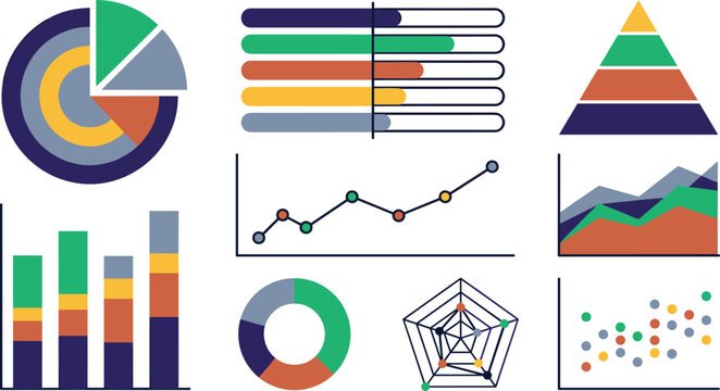 Colorful Business Data Chart Collection with Pie, Bar, Line, Pyramid, Radar, and Scatter Graph for Analytics and Dashboard Designs